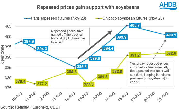 a graph showing rapeseed and soyabean futures prices.